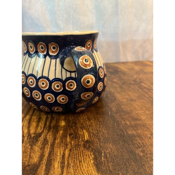Vintage Boleslawiec Polish Stoneware Pitcher Peacock Eye Pattern Circa 1950s - 1 - Picture 3 of 12